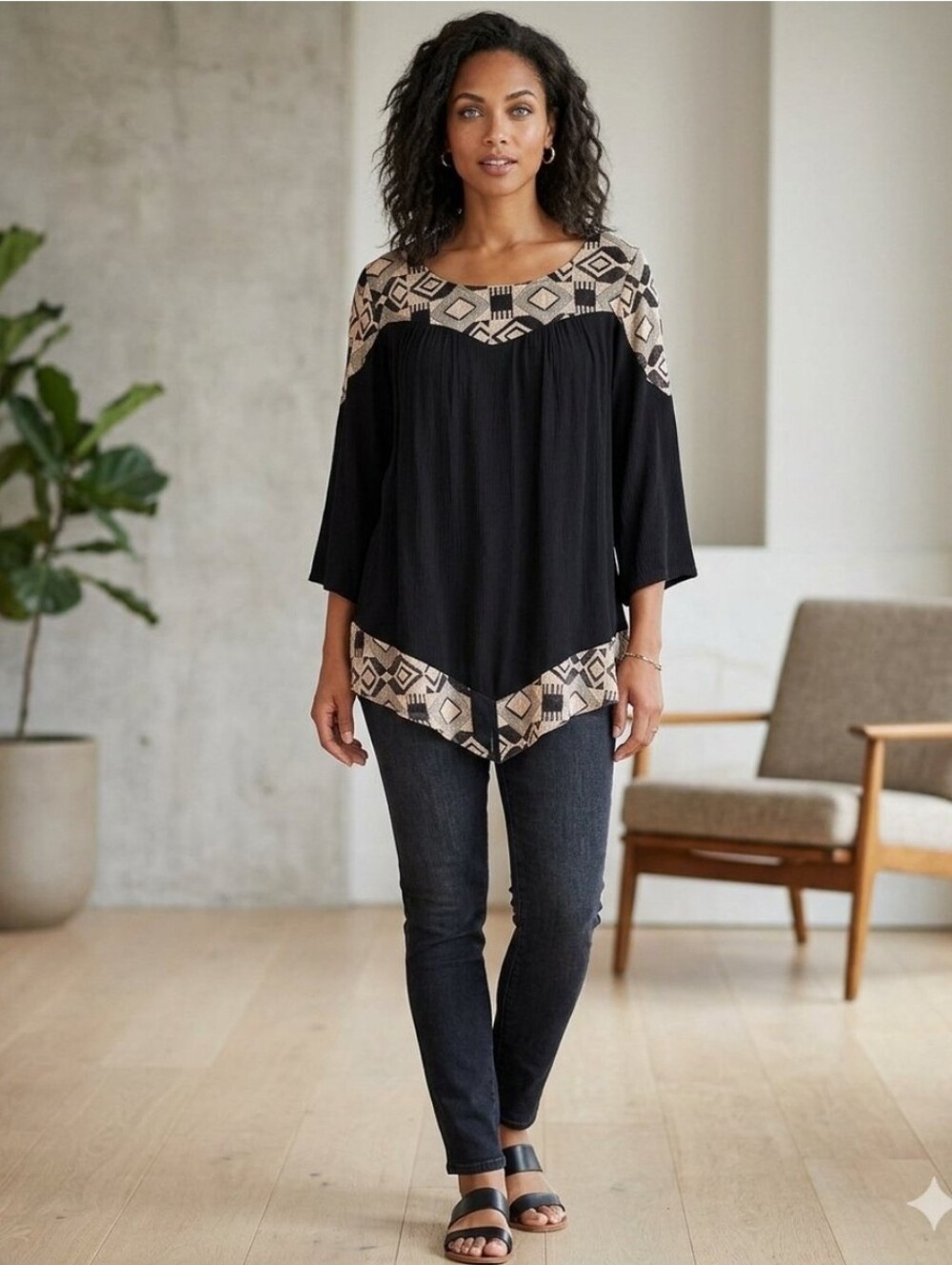 Black Geometric Trim Women’s Top